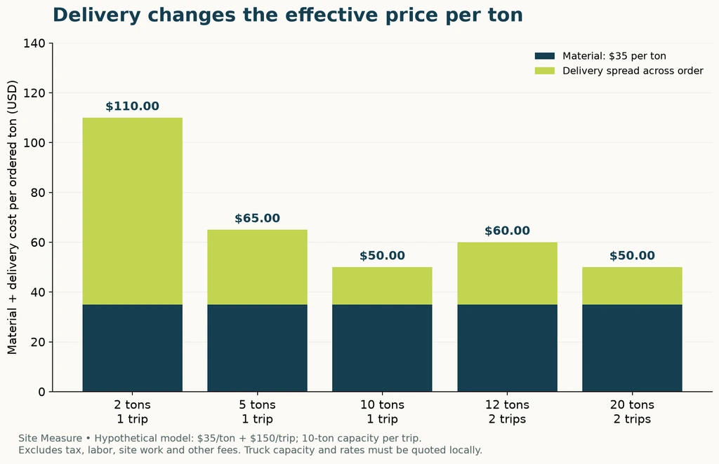 Hypothetical delivered cost per ton: 2 tons $110, 5 tons $65, 10 tons $50, 12 tons $60 and 20 tons $50. Twelve tons requires two trips in the assumed ten-ton-capacity model.