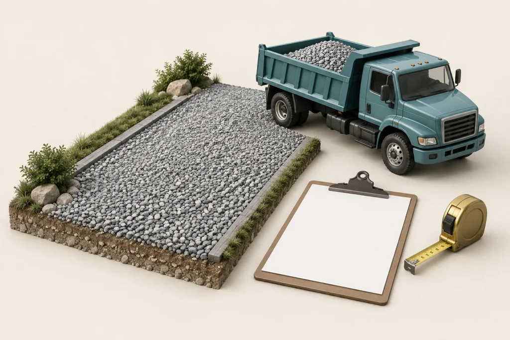Concept illustration of a gravel driveway, delivery truck, blank clipboard and measuring tape.